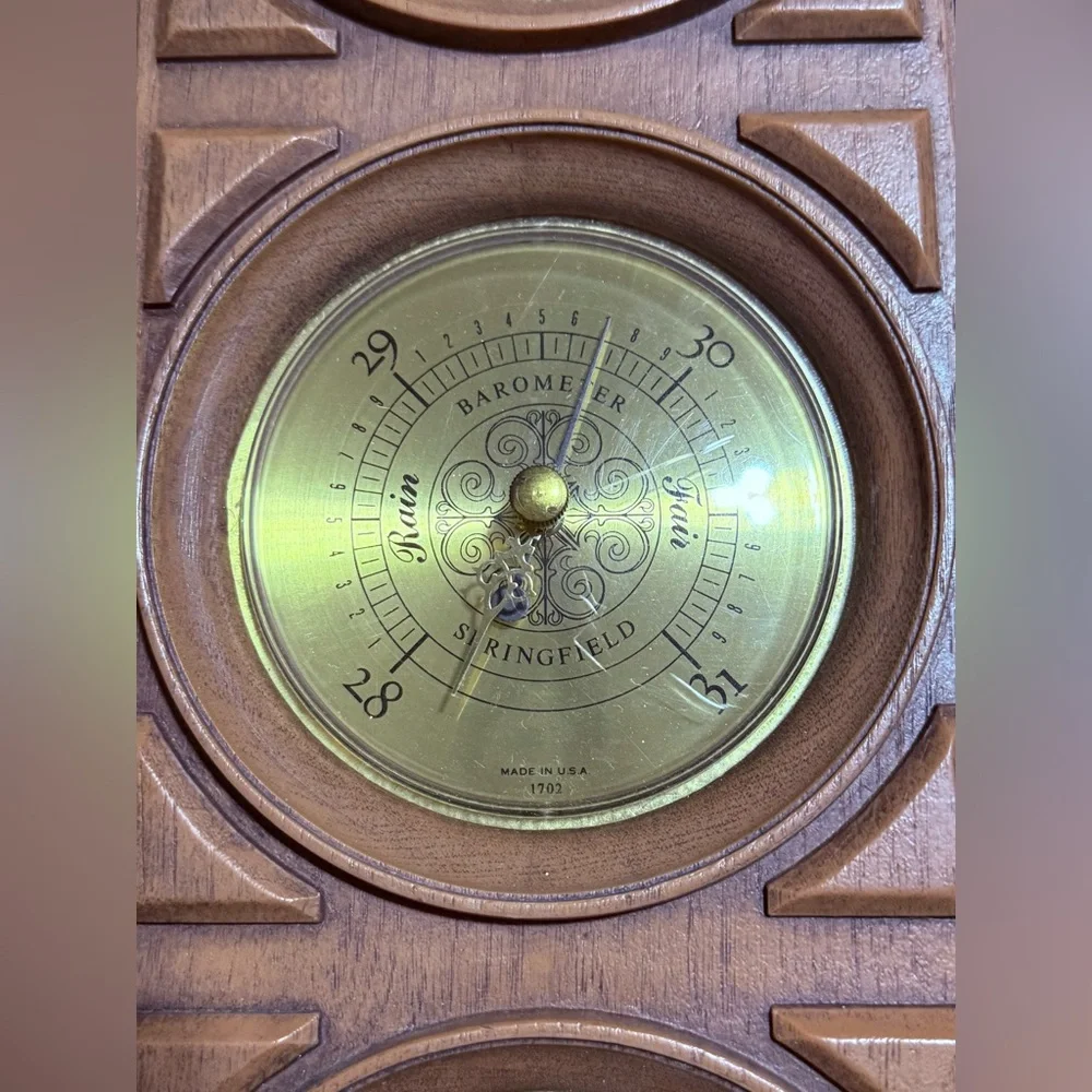 Triple Gauge Wall Weather Station in Brown Wood with Gold Dials